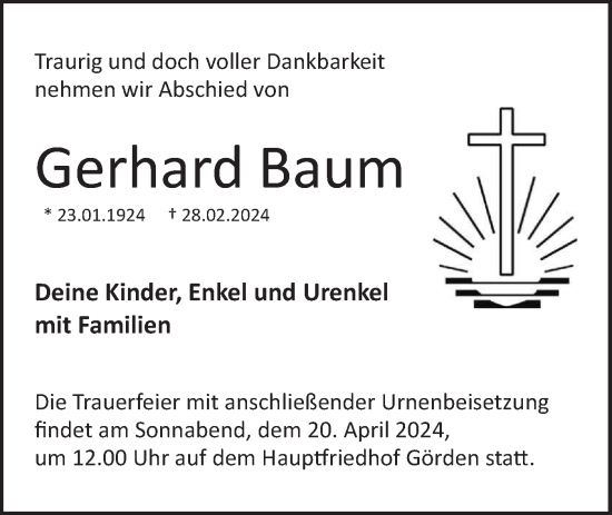 Traueranzeige von Gerhard Baum von Märkische Oderzeitung