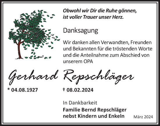 Traueranzeige von Gerhard Repschläger von Märkische Oderzeitung