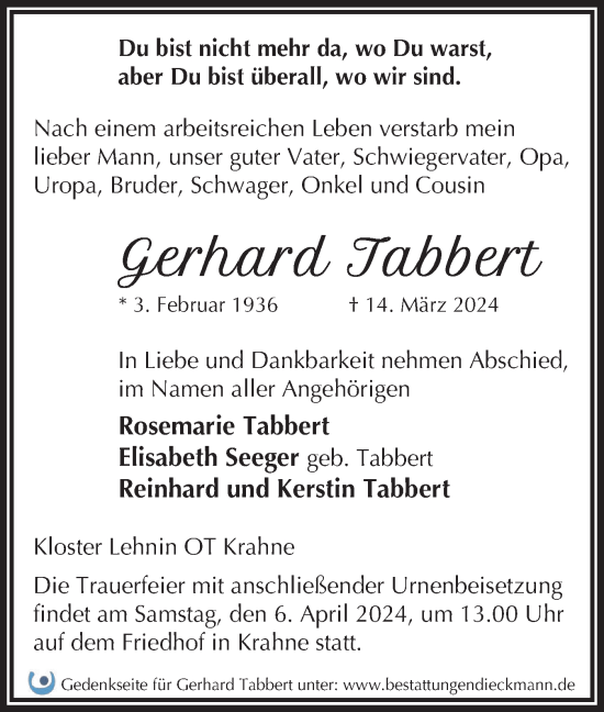 Traueranzeige von Gerhard Tabbert von Märkische Oderzeitung