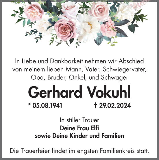 Traueranzeige von Gerhard Vokuhl von Märkische Oderzeitung