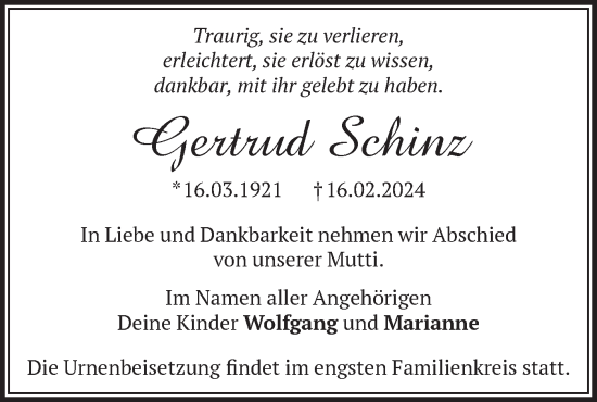 Traueranzeige von Gertrud Schinz von Märkische Oderzeitung