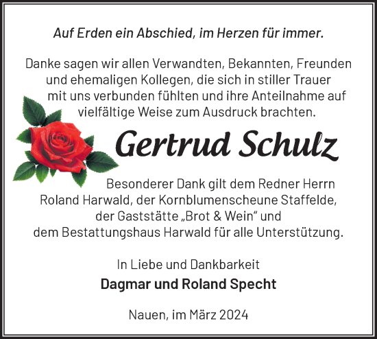 Traueranzeige von Gertrud Schulz von Märkische Oderzeitung