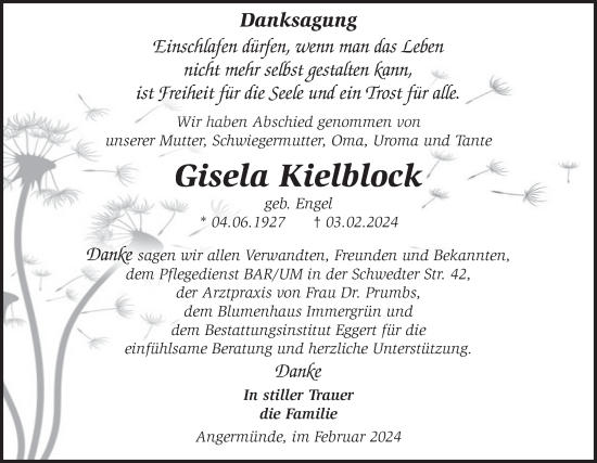 Traueranzeige von Gisela Kielblock von Märkische Oderzeitung