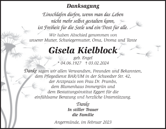 Traueranzeige von Gisela Kielblock von Märkische Oderzeitung