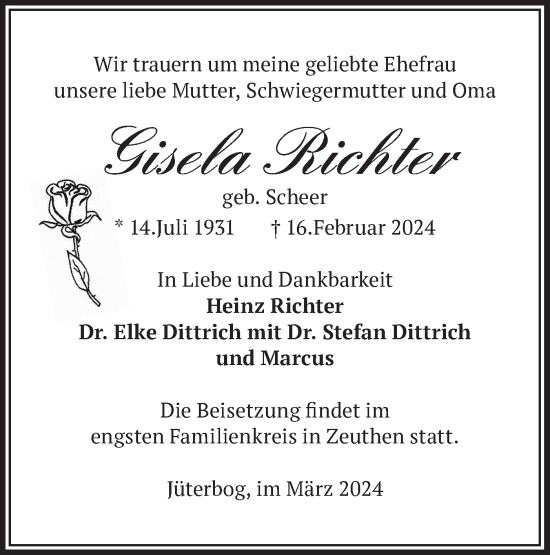 Traueranzeige von Gisela Richter von Märkische Oderzeitung