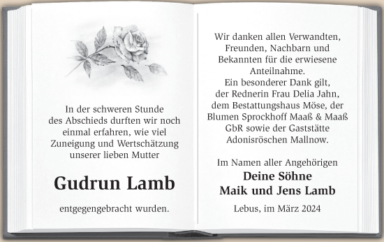 Traueranzeige von Gudrun Lamb von Märkische Oderzeitung