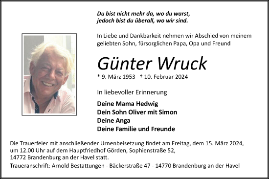 Traueranzeige von Günter Wruck von Märkische Oderzeitung
