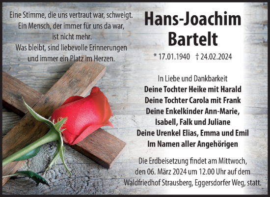 Traueranzeige von Hans-Joachim Bartelt von Märkische Oderzeitung