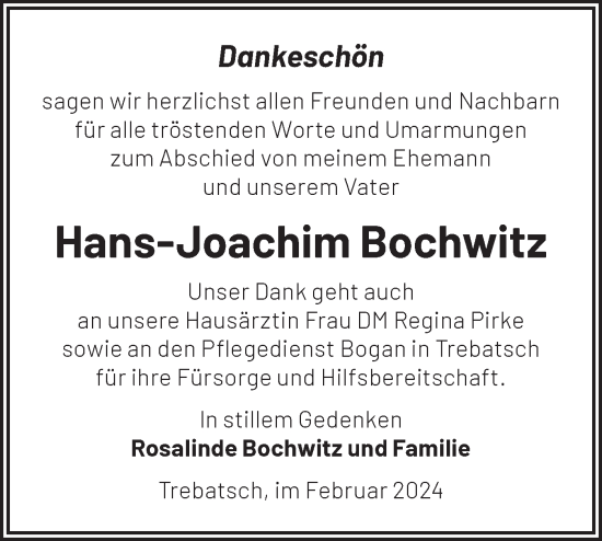 Traueranzeige von Hans-Joachim Bochwitz von Märkische Oderzeitung