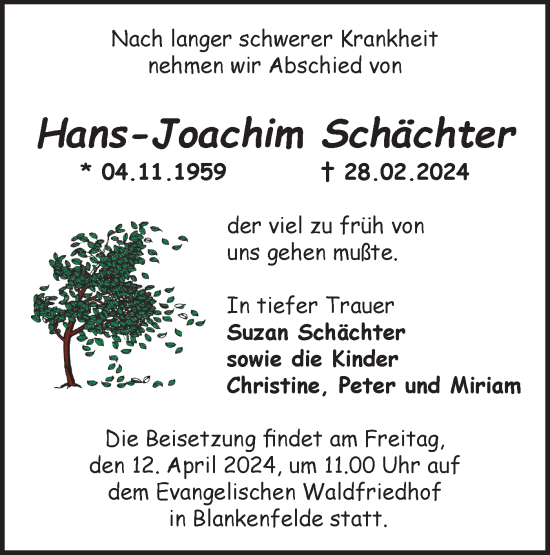 Traueranzeige von Hans-Joachim Schächter von Märkische Oderzeitung