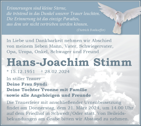 Traueranzeige von Hans-Joachim Stimm von Märkische Oderzeitung