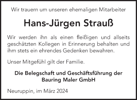 Traueranzeige von Hans-Jürgen Strauß von Märkische Oderzeitung
