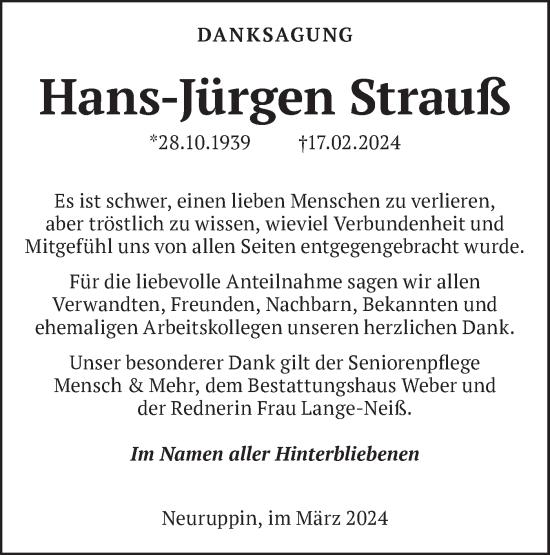 Traueranzeige von Hans-Jürgen Strauß von Märkische Oderzeitung