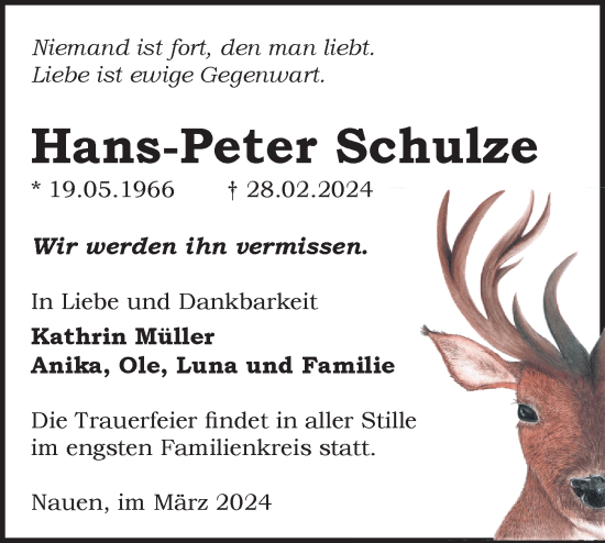 Traueranzeige von Hans-Peter Schulze von Märkische Oderzeitung