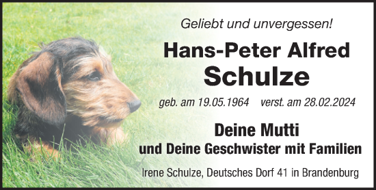 Traueranzeige von Hans-Peter Alfred Schulze von Märkische Oderzeitung