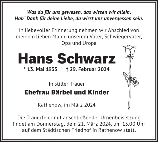 Traueranzeige von Hans Schwarz von Märkische Oderzeitung