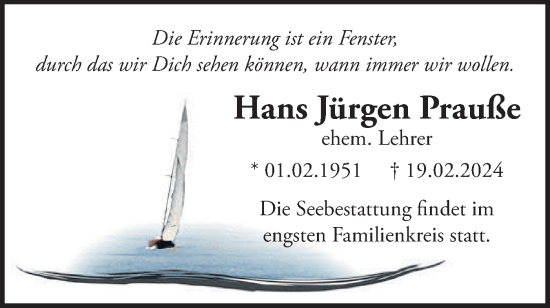 Traueranzeige von Hans Jürgen Prauße von Märkische Oderzeitung