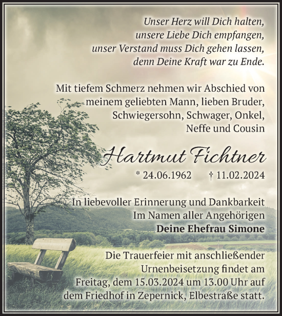 Traueranzeige von Hartmut Fichtner von Märkische Oderzeitung