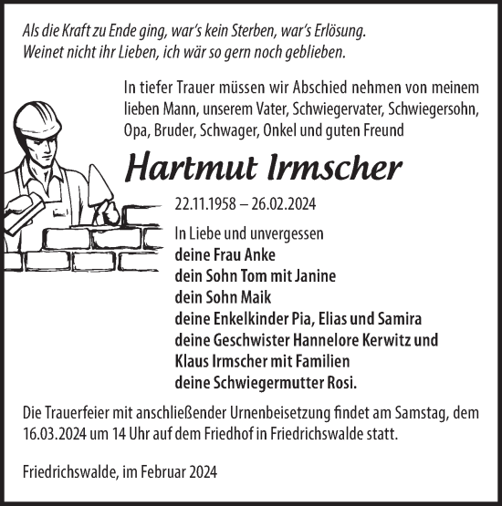 Traueranzeige von Hartmut Irmscher von Märkische Oderzeitung