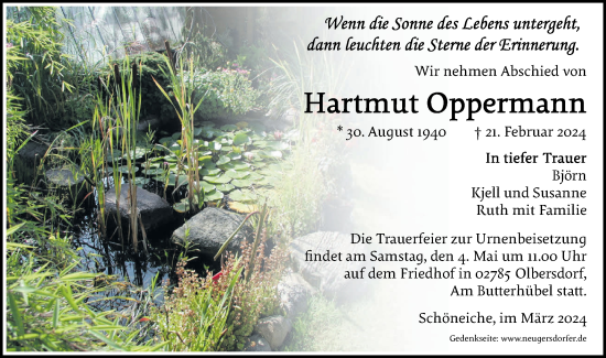 Traueranzeige von Hartmut Oppermann von Märkische Oderzeitung