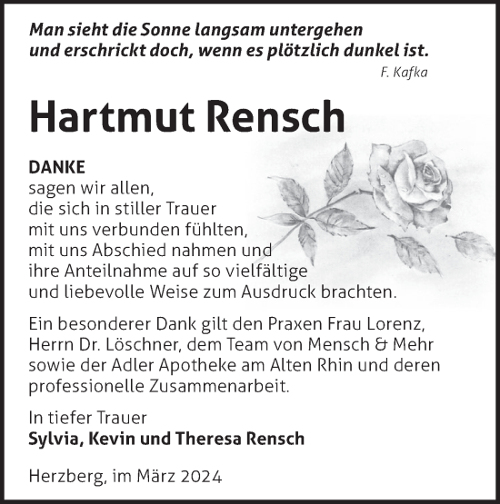 Traueranzeige von Hartmut Rensch von Märkische Oderzeitung