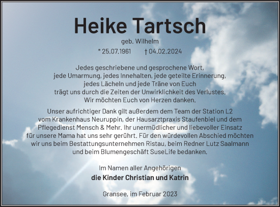 Traueranzeige von Heike Tartsch von Märkische Oderzeitung