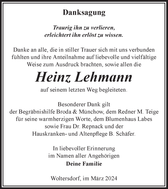 Traueranzeige von Heinz Lehmann von Märkische Oderzeitung