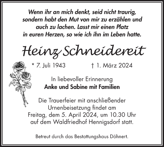 Traueranzeige von Heinz Schneidereit von Märkische Oderzeitung