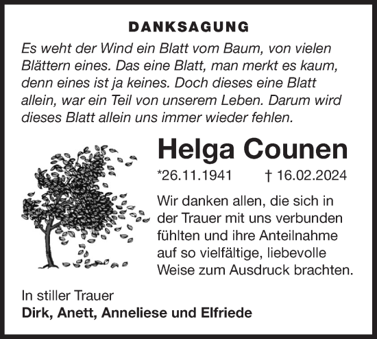 Traueranzeige von Helga Counen von Märkische Oderzeitung