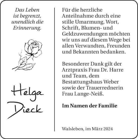 Traueranzeige von Helga Dieck von Märkische Oderzeitung