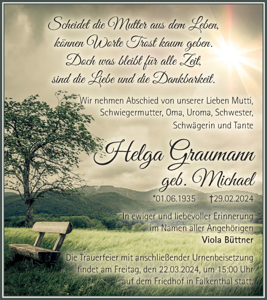 Traueranzeige von Helga Graumann von Märkische Oderzeitung