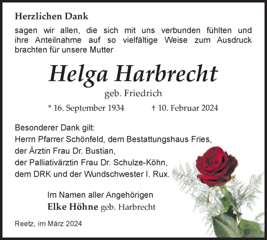 Traueranzeige von Helga Harbrecht von Märkische Oderzeitung