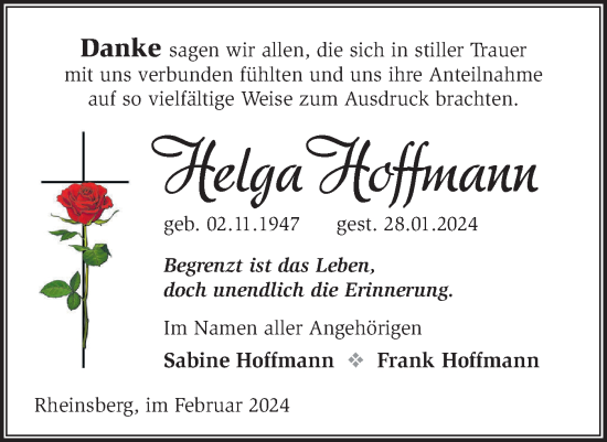 Traueranzeige von Helga Hoffmann von Märkische Oderzeitung