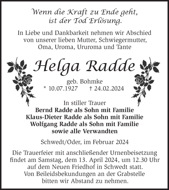 Traueranzeige von Helga Radde von Märkische Oderzeitung