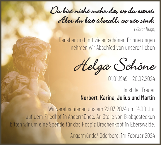 Traueranzeige von Helga Schöne von Märkische Oderzeitung