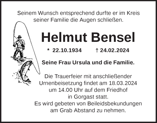 Traueranzeige von Helmut Bensel von Märkische Oderzeitung