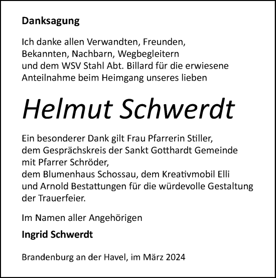 Traueranzeige von Helmut Schwerdt von Märkische Oderzeitung