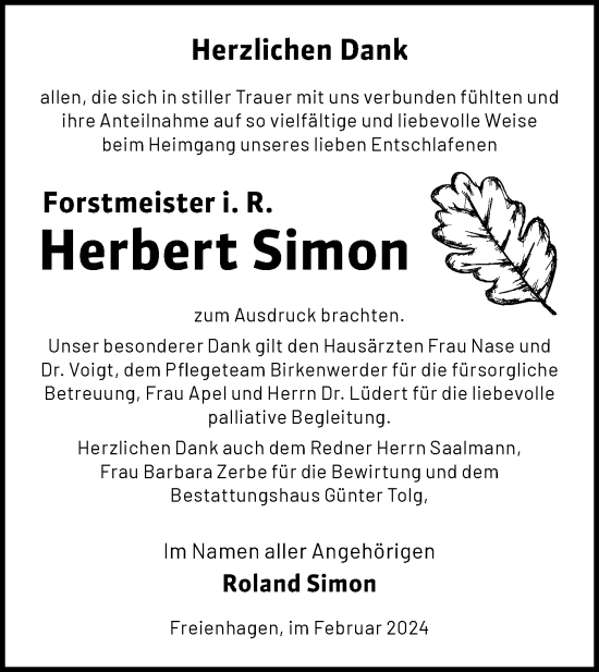 Traueranzeige von Herbert Simon von Märkische Oderzeitung