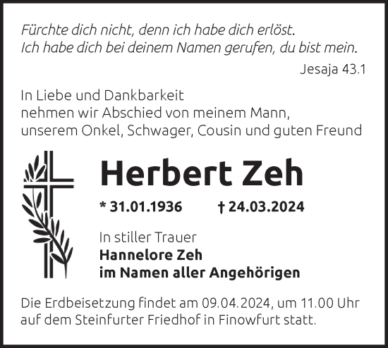 Traueranzeige von Herbert Zeh von Märkische Oderzeitung