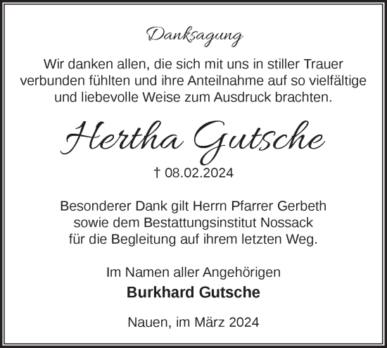 Traueranzeige von Hertha Gutsche von Märkische Oderzeitung