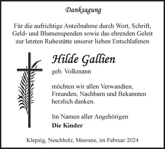 Traueranzeige von Hilde Gallien von Märkische Oderzeitung