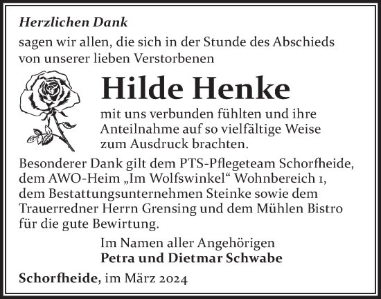 Traueranzeige von Hilde Henke von Märkische Oderzeitung