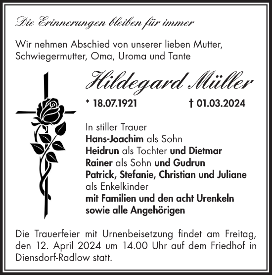 Traueranzeige von Hildegard Müller von Märkische Oderzeitung