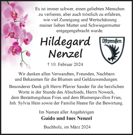 Traueranzeige von Hildegard Nenzel von Märkische Oderzeitung