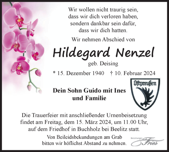 Traueranzeige von Hildegard Nenzel von Märkische Oderzeitung