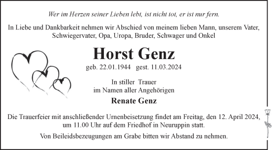 Traueranzeige von Horst Genz von Märkische Oderzeitung