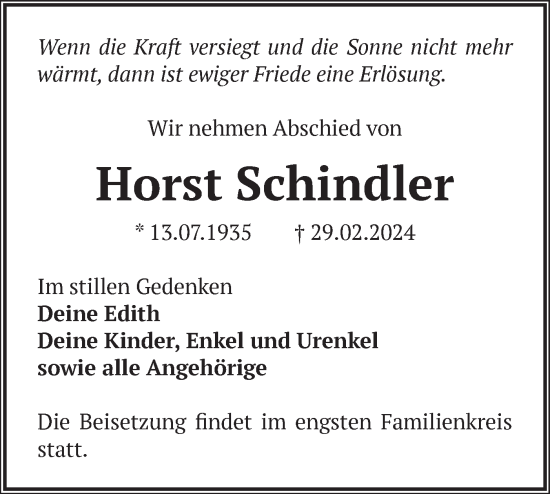 Traueranzeige von Horst Schindler von Märkische Oderzeitung
