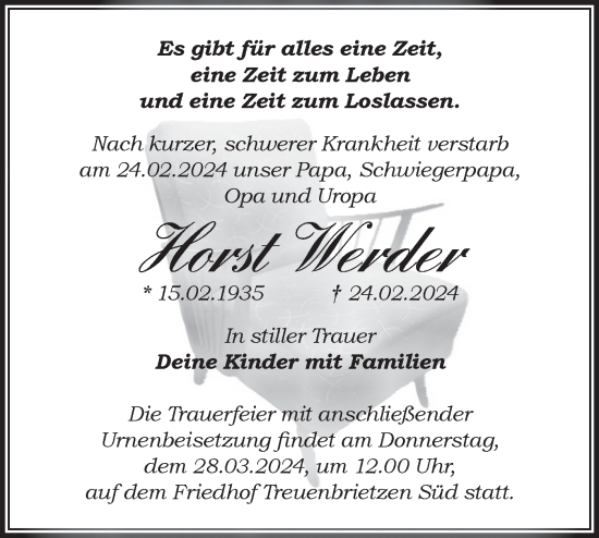 Traueranzeige von Horst Werder von Märkische Oderzeitung
