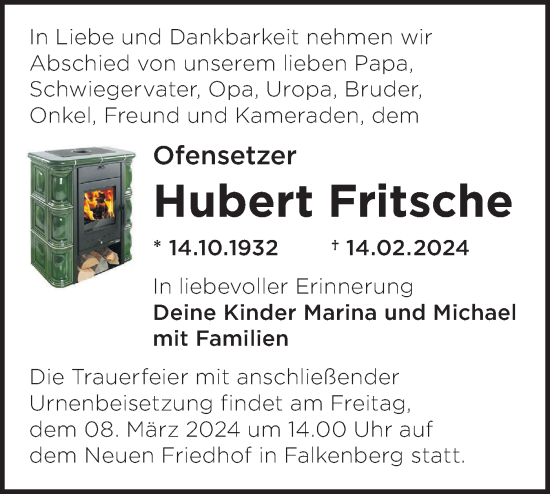 Traueranzeige von Hubert Fritsche von Märkische Oderzeitung