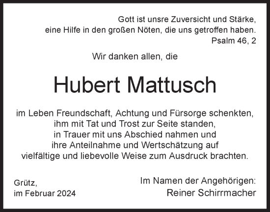 Traueranzeige von Hubert Mattusch von Märkische Oderzeitung